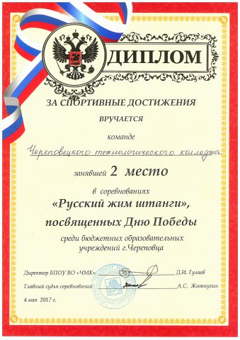 Русский жим штанги 2 место